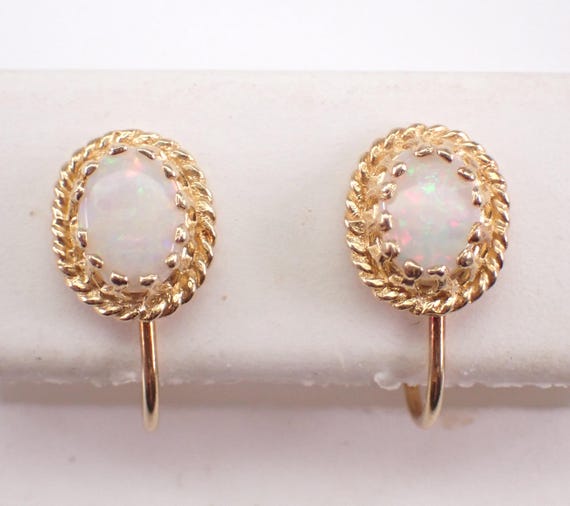 Vintage 14K Yellow Gold Opal Earrings: Antique Screw Back Clip On Non Pierced Studs