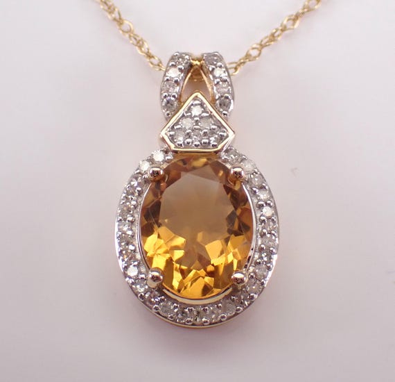 14K Yellow Gold Citrine Pendant and Chain - Diamond Halo Charm Necklace - November Birthstone Jewelry Gift