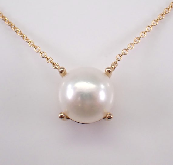 Yellow Gold Pearl Station Necklace - Solitaire Choker Pendant Chain - June Birthstone Jewelry Gift