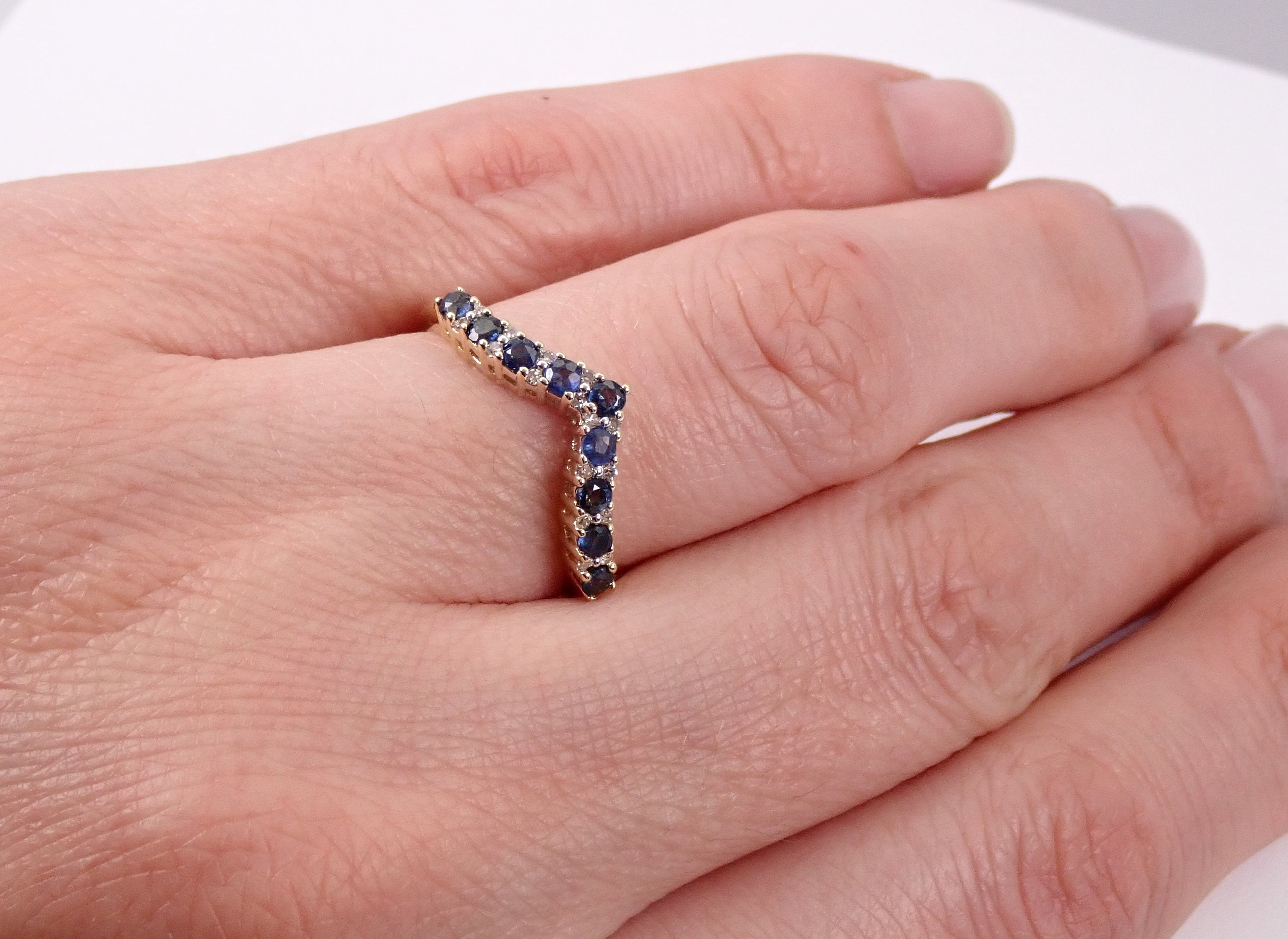 Modern Sapphire and Diamond V Wedding Ring Anniversary Stackable Band