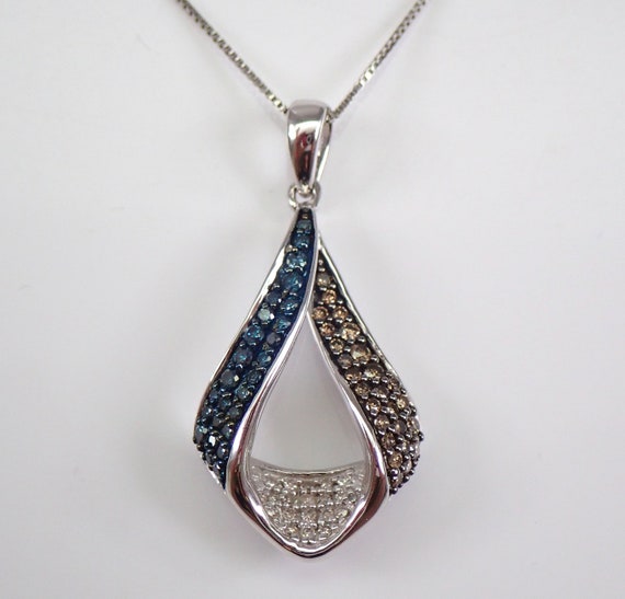 Multi Color Diamond Drop Pendant - Unique White Gold Fancy Diamond Necklace - Colorless Blue and Cognac Colored Genuine Diamond Jewelry