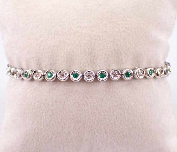 Emerald and Diamond Tennis Bracelet - 14k White Gold Fine Jewelry Gift - Unique Simple Bezel Setting - Perfect Christmas Present