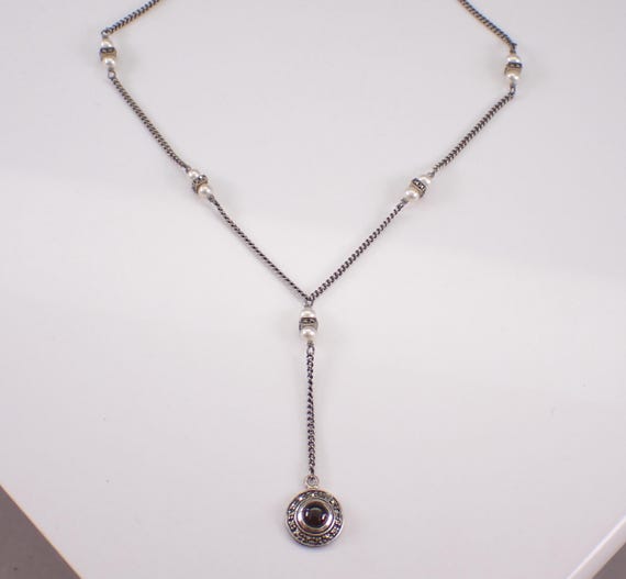 Vintage Sterling Silver Pearl and Garnet Lariat Necklace, Estate Dangle Gemstone Charm Pendant and Chain
