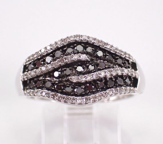 Black and White Diamond Ring - White Gold Cluster Anniversary Band - Modern Design Fine Jewelry Gift