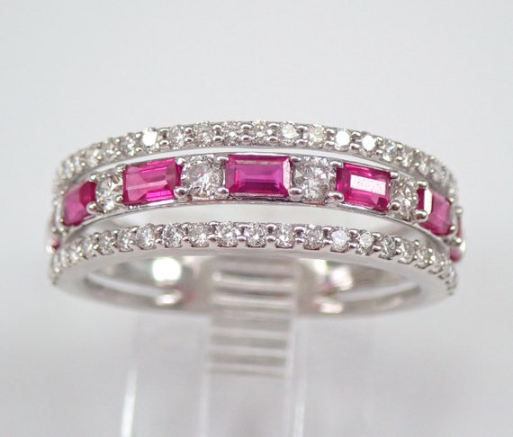 18K White Gold Ruby and Diamond Ring - Multi Row Stackable Wedding Anniversary Band - Unique Bridal Jewelry Gift