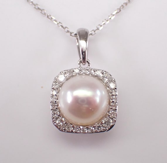 White Gold Pearl and Diamond Necklace: Dainty Gemstone Charm Pendant and Chain