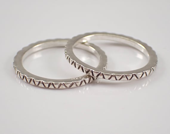 Vintage Silver Wedding Band SET of 2 Rings, Antique Zigzag Stackable Anniversary Ring