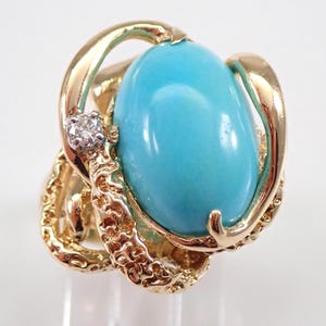 Vintage Turquoise and Diamond Ring - Solid 14k Yellow Gold Unique Gemstone -  Estate Freeform Nugget Setting - Real Fine Jewelry