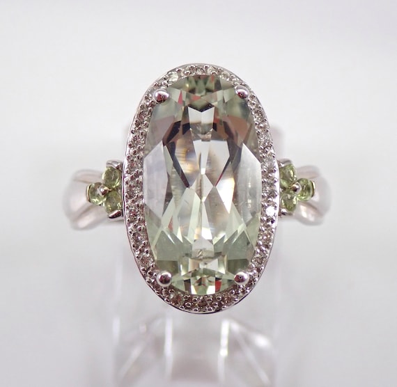 Genuine Green Amethyst Ring - Solid 14K White Gold Diamond Setting - Prasiolite Bridal Fine Jewelry