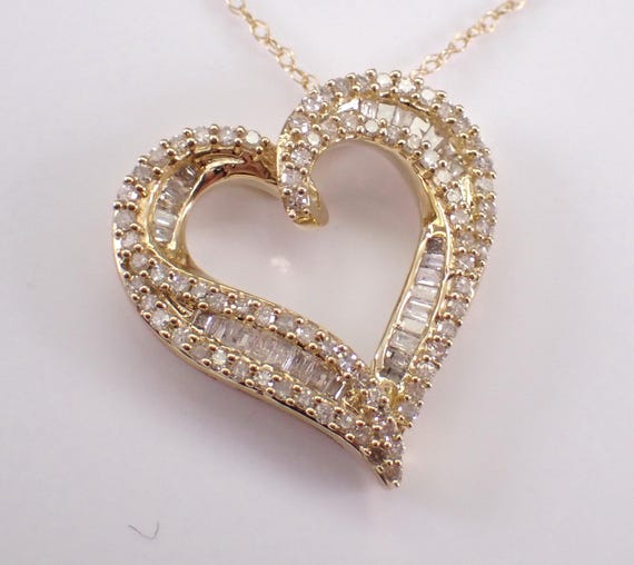 Yellow Gold Diamond Heart Necklace - Open Charm Pendant and Chain - GalaxyGems Bridal Fine Jewelry Gift