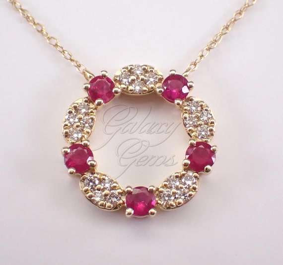 14K Yellow Gold Ruby and Diamond Necklace - Circle of Life Charm Pendant and Chain - Unique Bridal Wedding Jewelry Gift