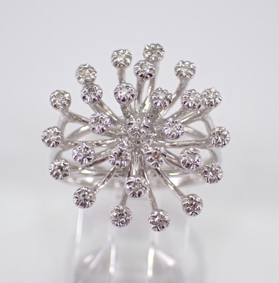 14K White Gold Diamond Starburst Ring - Unique Snowflake Cluster Band - GalaxyGems Estate Cocktail Jewelry Gift