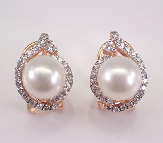 14K Rose Gold Pearl and Diamond Earrings, June Birthstone Jewelry Gift