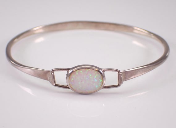 Vintage Sterling Silver Opal Bangle Bracelet - Unique Estate Jewelry Gift - Stackable Solitaire Gemstone