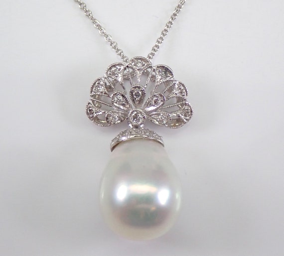 Unique South Sea Baroque Pearl Necklace - 18K White Gold Genuine Pearl Pendant - Diamond Filigree Antique Style Jewelry