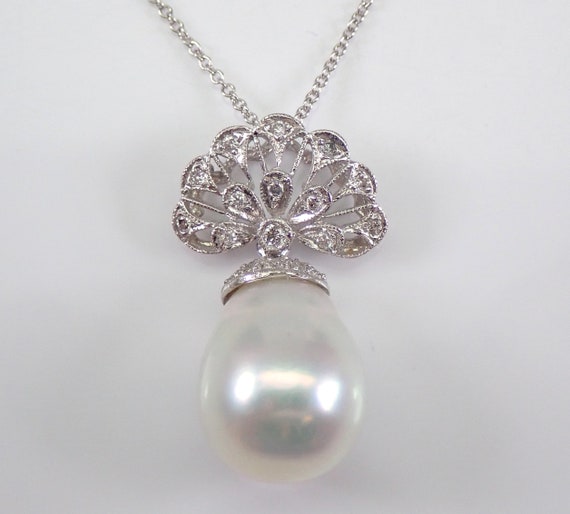18K White Gold South Sea Pearl Necklace - Diamond Filigree Charm Pendant and Chain - Bridal Wedding Fine Jewelry Gift