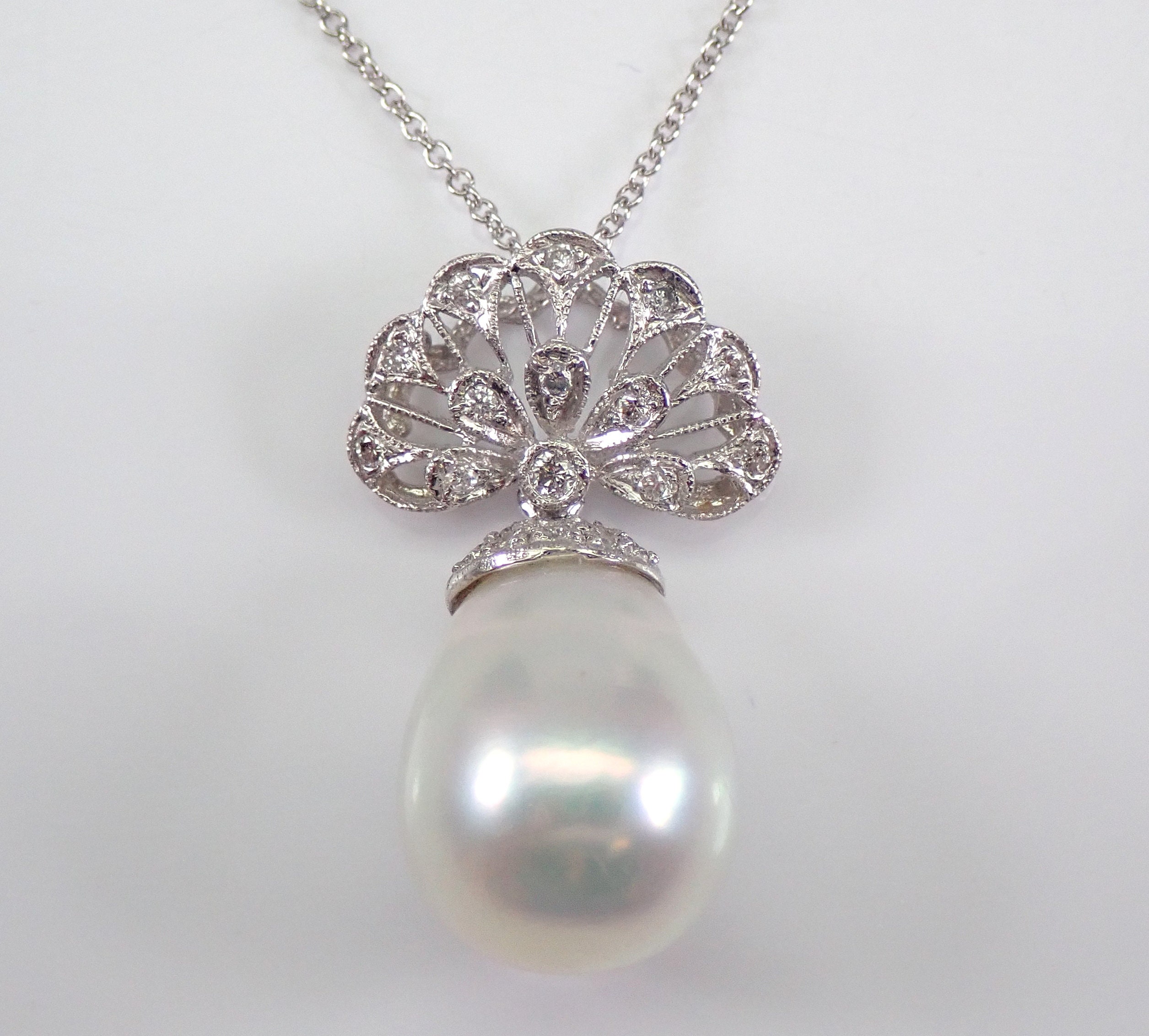 Unique South Sea Baroque Pearl Necklace 18K White Gold Genuine Pearl Pendant Diamond Filigree Antique Style Jewelry