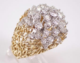 18K Yellow Gold and Platinum Diamond Ring - Vintage Two Tone Gold Cluster Band - Estate Nugget Fine Jewelry Gift
