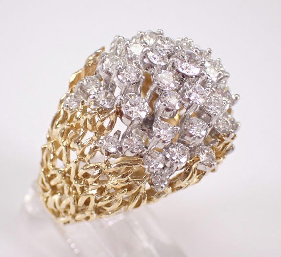 18K Yellow Gold and Platinum Diamond Ring - Vintage Two Tone Gold Cluster Band - Estate Nugget Fine Jewelry Gift