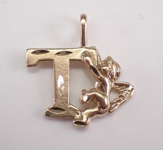 Vintage Yellow Gold T Initial Angel Pendant Charm, Block Letter for Necklace or Bracelet