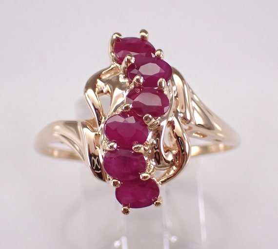 Vintage 14K Yellow Gold Ruby Ring, Elongated Cluster Gemstone Band, Unique Estate Fine Jewelry Gift