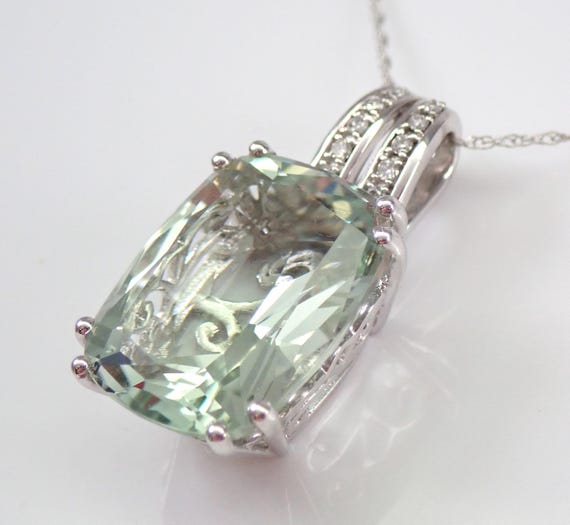 14K White Gold Green Amethyst Pendant - Large Prasiolite and Diamond Necklace - Unique Gemstone Jewelry Gift