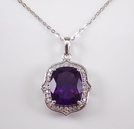 Amethyst and Diamond Pendant and Chain - 14K White Gold Gemstone Charm Necklace - GalaxyGems Fine Jewelry Birthday Gift