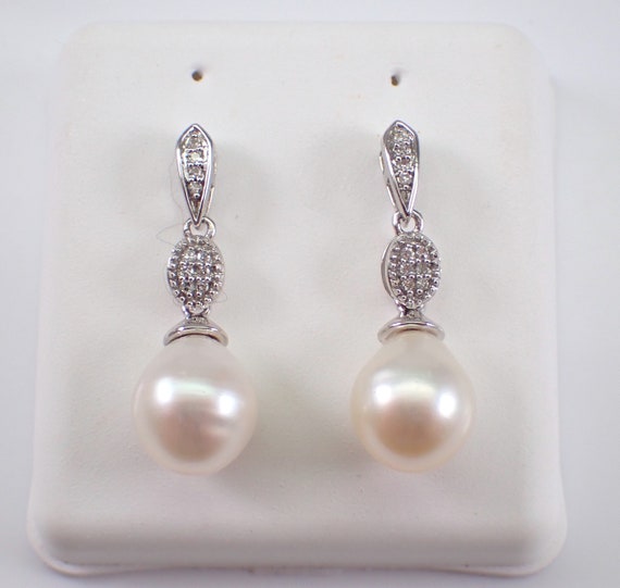 Pearl and Diamond Dangle Earrings - White Gold Fine Jewelry Wedding Gift - June Birthstone Gemstone
