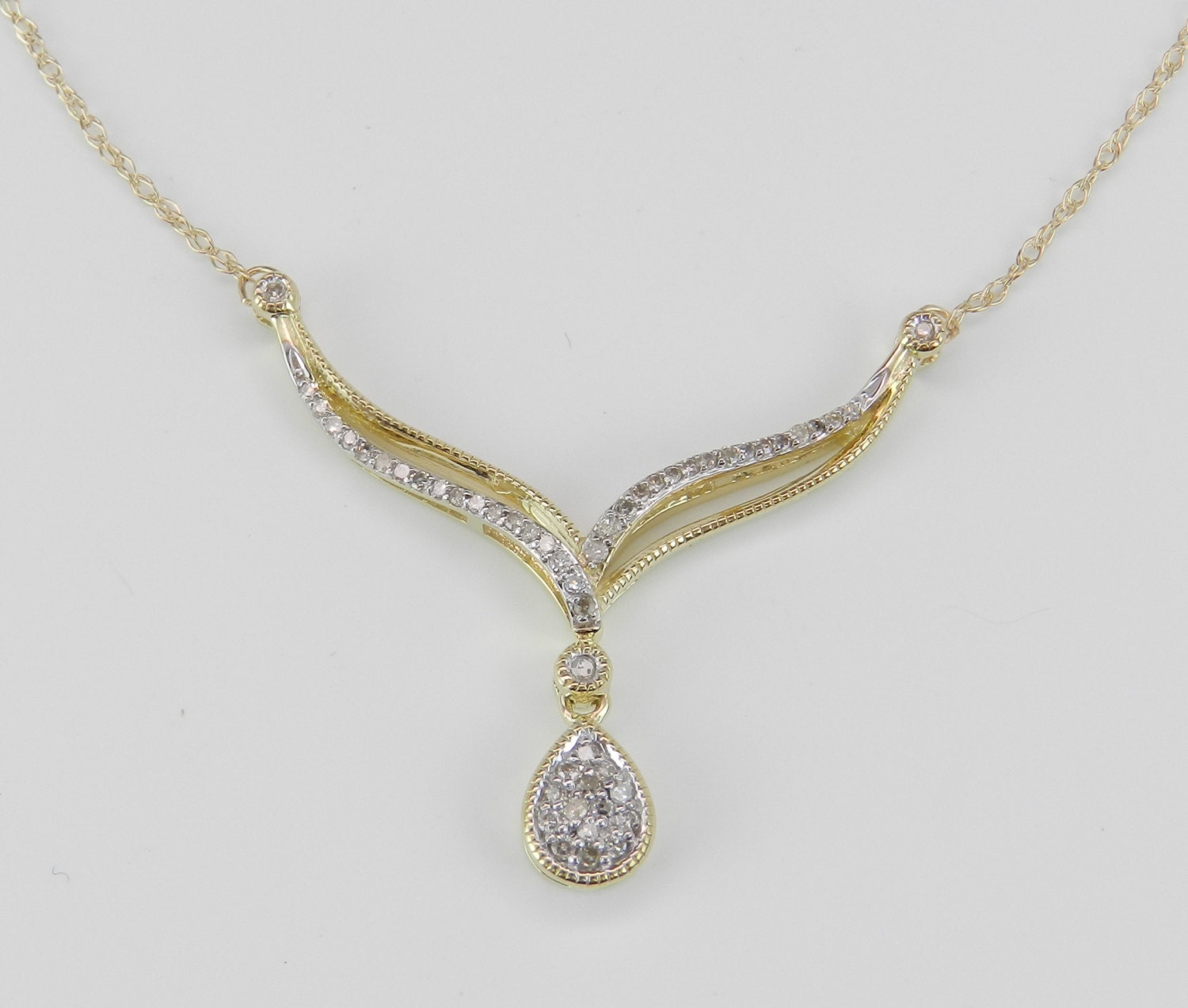 Diamond Lariat Necklace Cluster Pendant Yellow Gold Chain 18 Wedding