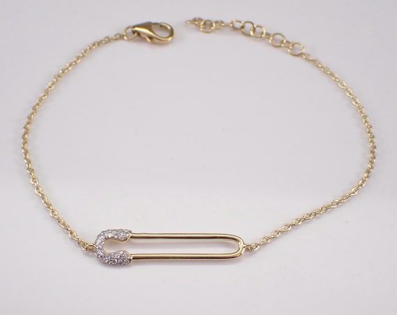 Yellow Gold Diamond Safety Pin Bracelet: Dainty Charm Station Chain Link