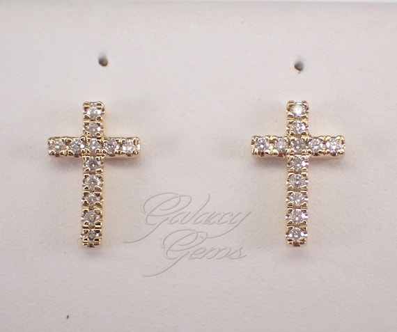 14K Yellow Gold Diamond Cross Stud Earrings