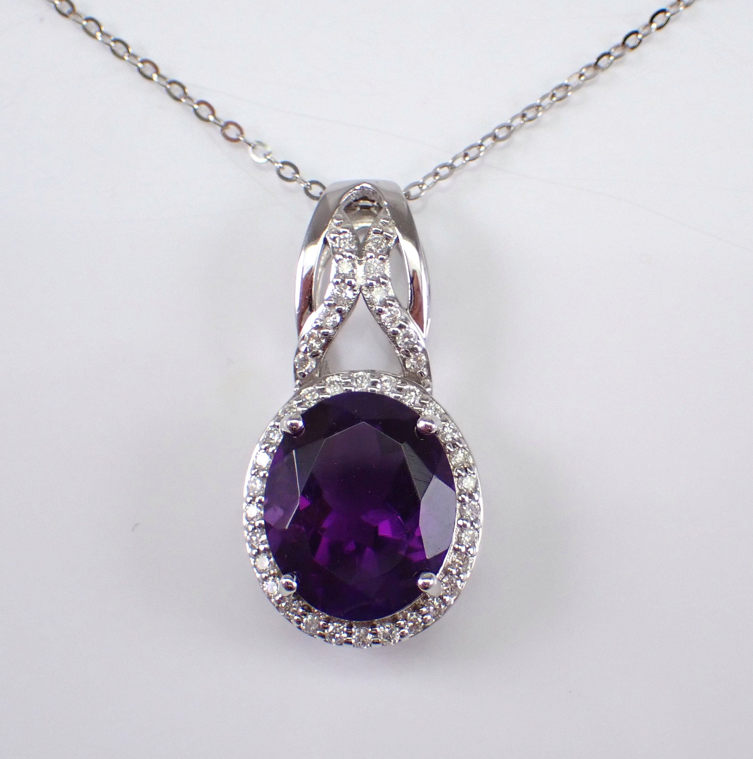 Purple Amethyst and Diamond Necklace 14K White Gold Gemstone Halo