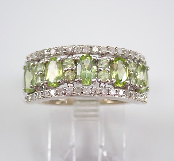 Genuine Peridot and Diamond Ring, Solid 10K White Gold Anniversary Ring, Unique Womens Wedding Band, August Gemstone Jewelry