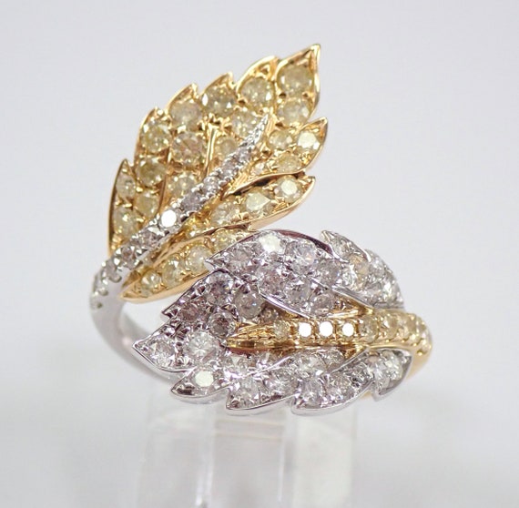 Canary Yellow Diamond Crossover Ring, 14K Solid Gold Bypass Style Jewelry, Cluster Crisscross Autumn Leaf Motif