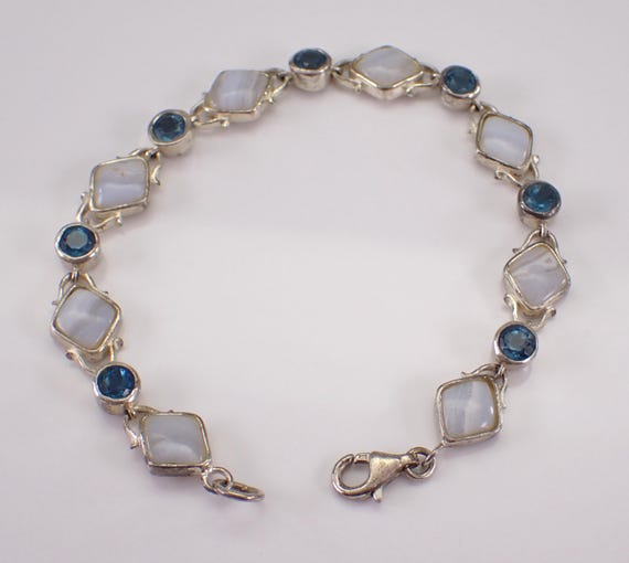 Vintage Sterling Silver Blue Topaz and Agate Bracelet: Estate Gemstone Jewelry Gift
