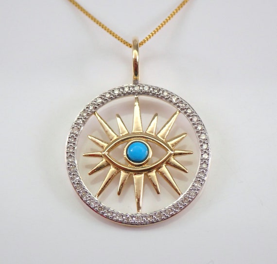 Unique Turquoise Evil Eye Necklace - Solid Yellow Gold Diamond Halo Pendant - Round Celestial Choker - Layering Everyday Chain