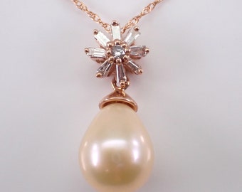 Pearl and Diamond Teardrop Necklace - Rose Gold Dainty Pendant and Chain - June Birthstone Flower Starburst Jewelry Gift