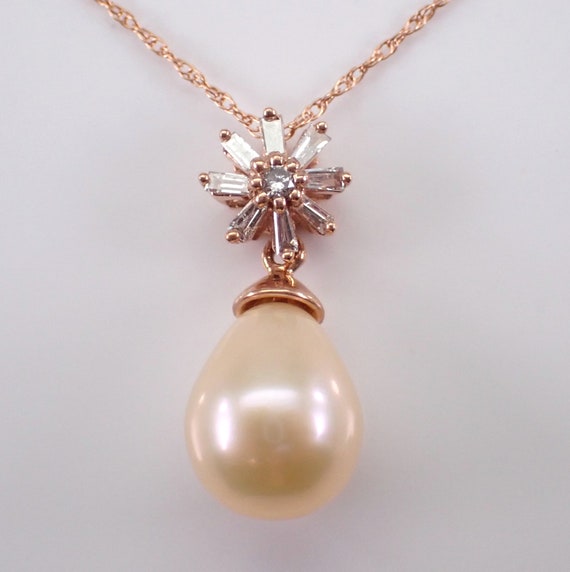 Pearl and Diamond Teardrop Necklace - Rose Gold Dainty Pendant and Chain - June Birthstone Flower Starburst Jewelry Gift