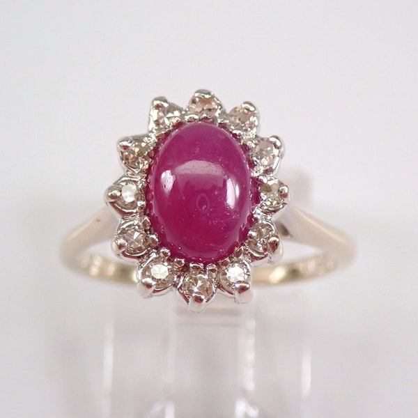 Vintage Ruby and Diamond Halo Ring - 14K White Gold Oval Gemstone Setting - Estate July Birthstone Fine Jewelry