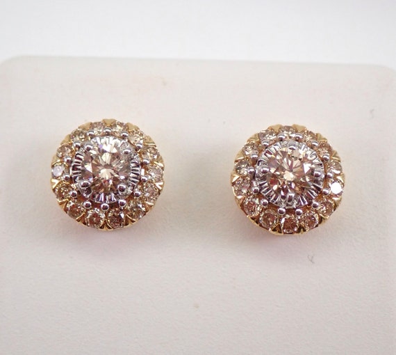 Diamond Halo Stud Earrings, Gorgeous Yellow Gold Cluster Studs, Unique Bridal Fine Jewelry Gift