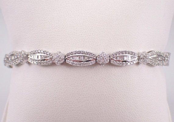 White Gold Diamond Tennis Bracelet: Baguette and Round Cluster Link