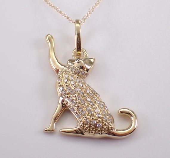 Yellow Gold Diamond Cat Charm Pendant - Adorable Kitten Necklace and Chain - Unique Pet Mom Jewelry Gift