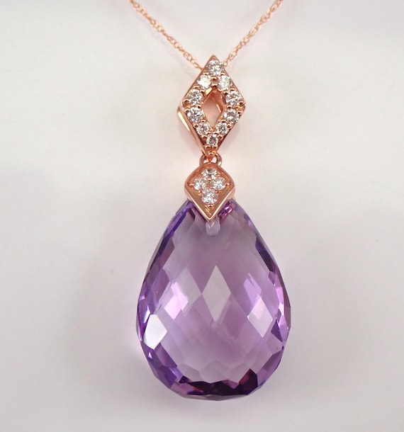 Amethyst Teardrop Charm Pendant and Chain - Rose Gold Gemstone and Diamond Necklace