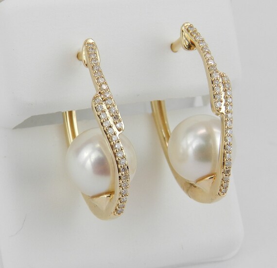 Pearl and Diamond Hoop Earrings - Yellow Gold Unique June Birthstone Jewelry Gift