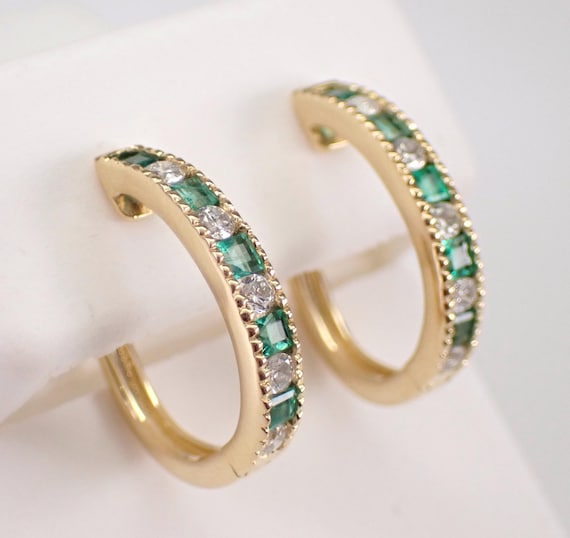 14K Yellow Gold Emerald Hoop Earrings - Diamond and Gemstone Huggie Hoops