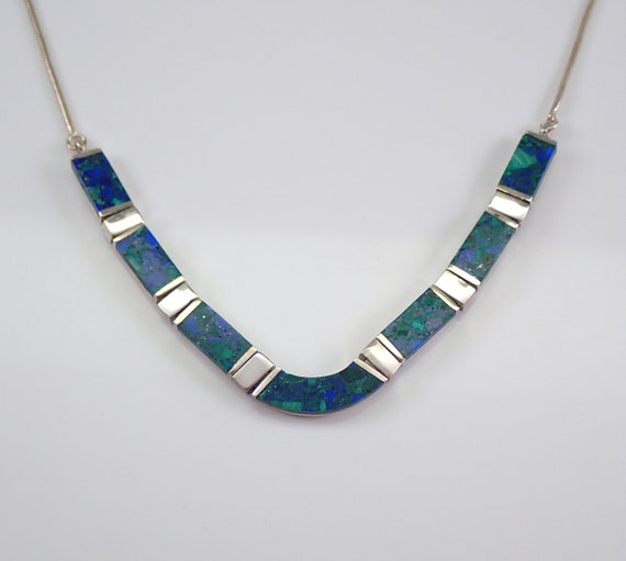 Vintage Malachite and Lapis Lazuli Necklace, Unique Sterling Silver Inlay Necklace, Antique Mosaic Jewelry for Women