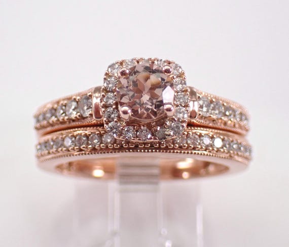 Rose Gold Morganite and Diamond Ring - Gemstone Engagement and Wedding Band Set - Unique Bridal Fine Jewelry Gift