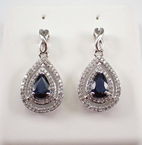 Sapphire and Diamond Dangle Earrings - White Gold Teardrop Fine Jewelry - September Birthstone Gemstone Gift