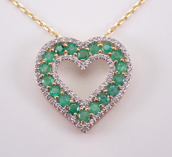Yellow Gold Emerald Heart Necklace - White Sapphire Charm Pendant and Chain - Gemstone Bridal Wedding Gift