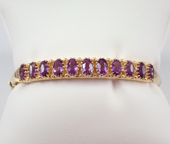 14K Yellow Gold Amethyst Bracelet - Purple Gemstone Birthstone Bangle Gift - Vintage Estate Fine Jewelry Gift